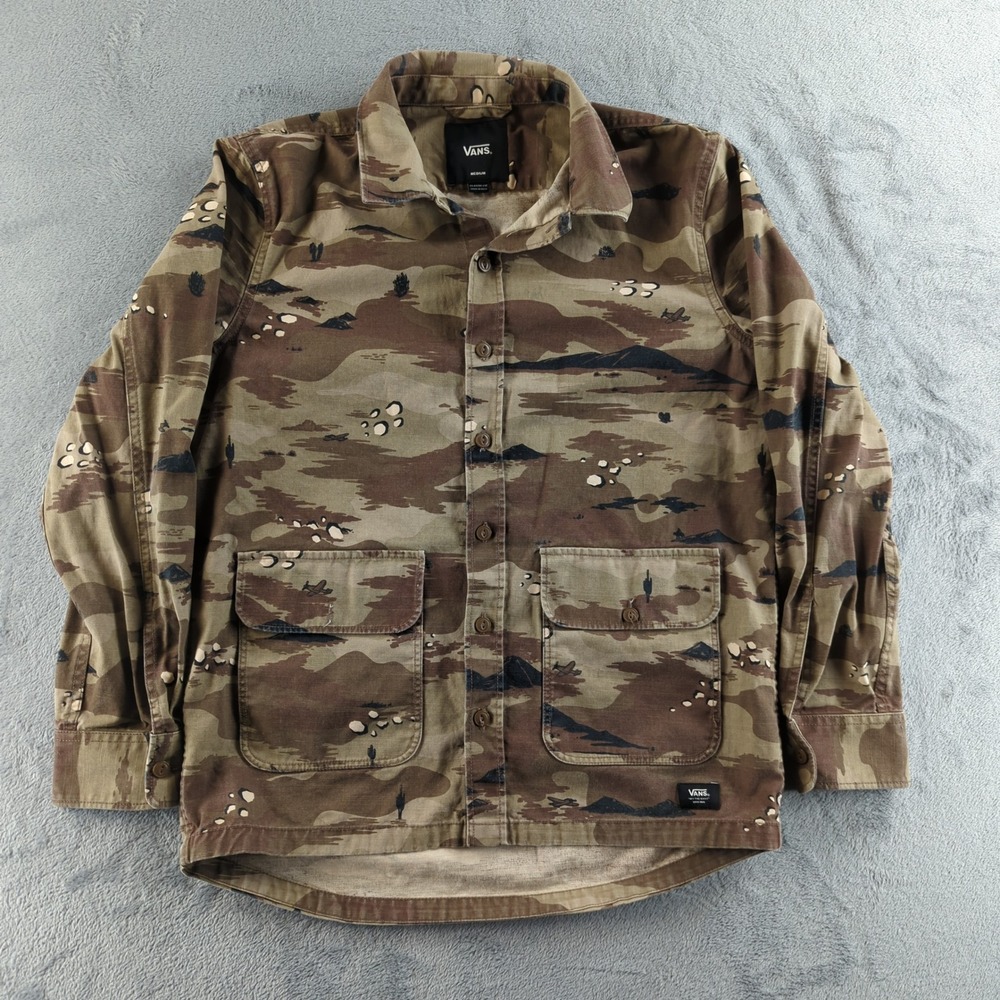 Vans Utility Jacket Mens Medium Brown Green Camo Button Up Shirt Coat Cotton